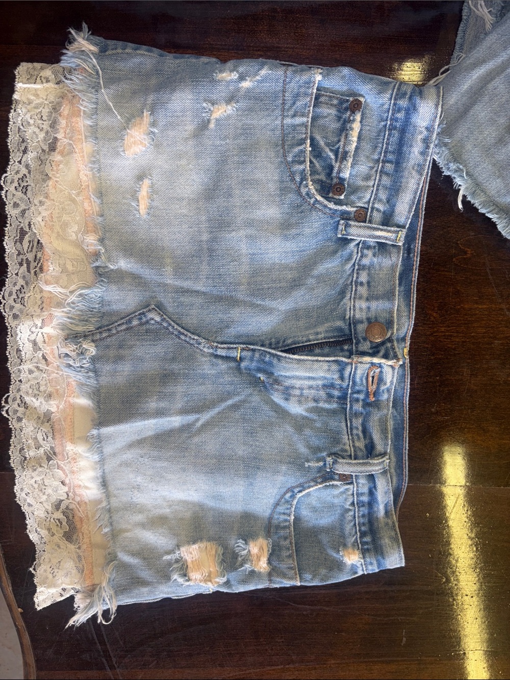 Abercrombie & Fitch Light Blue Distressed Denim Shorts with Cream Lace Trim